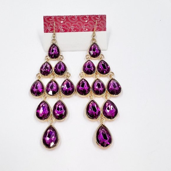 NWT - Charming Charlie - Purple Faceted Teardrop Chandelier Gold Tone Earrings - Picture 6 of 7